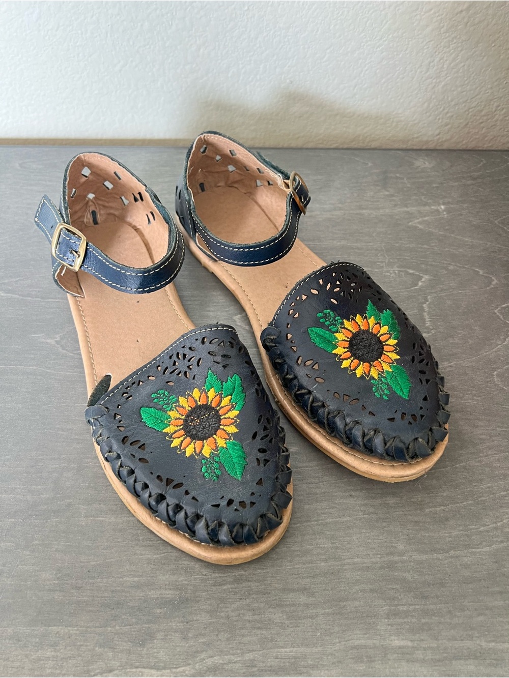 Black Leather Sunflower Embroidered Sandals